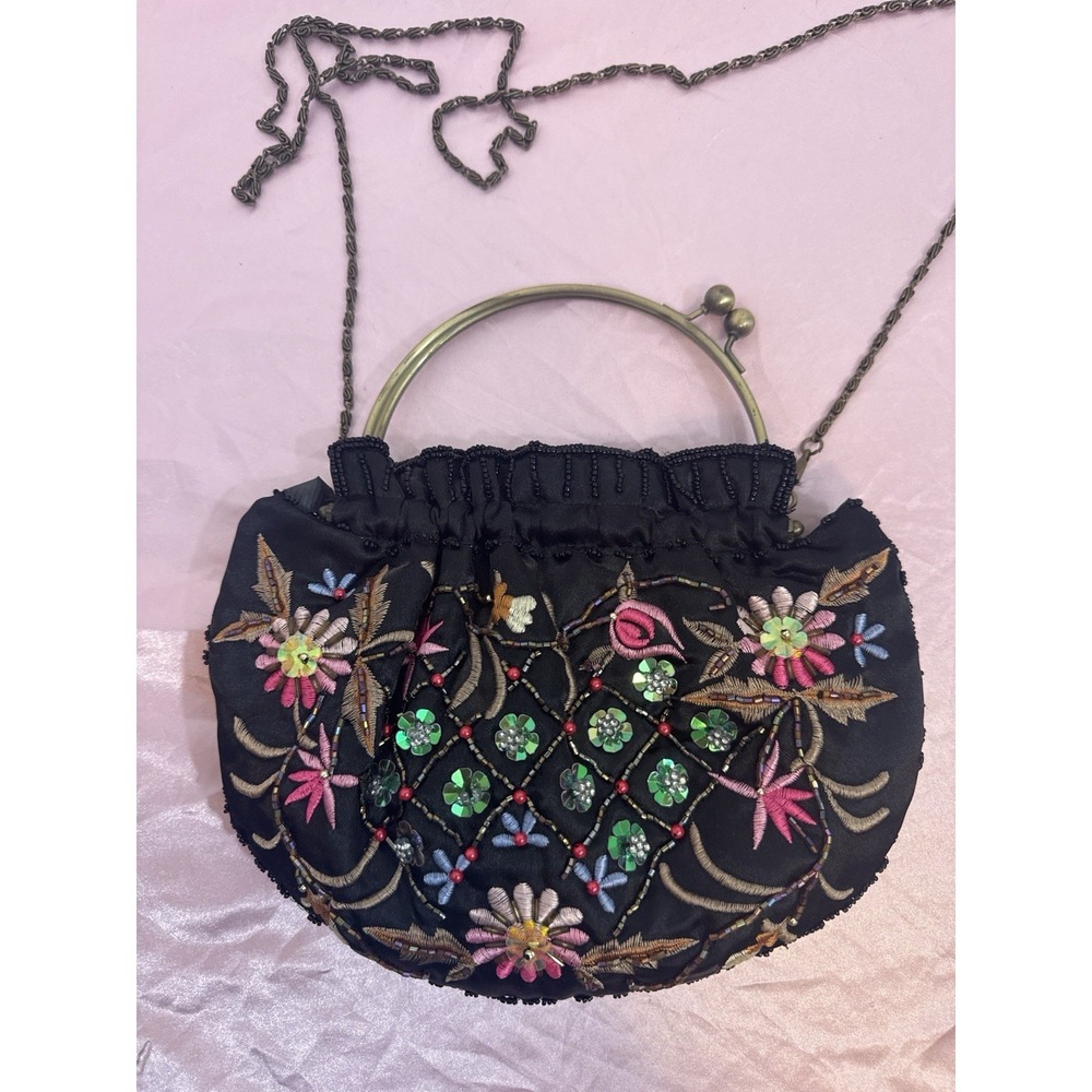 VTG Embroidered Beads Kiss Lock Purse Floral Boho Evening Bag Chain Strap‎ Satin